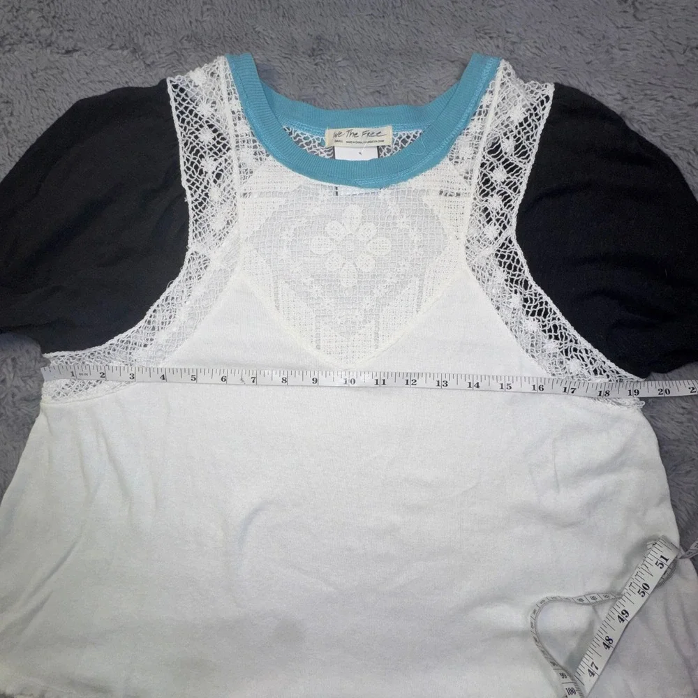 We The Free People Boho Lace Yoke Linen Swing Top Puff Sleeve Shirt Womens Small